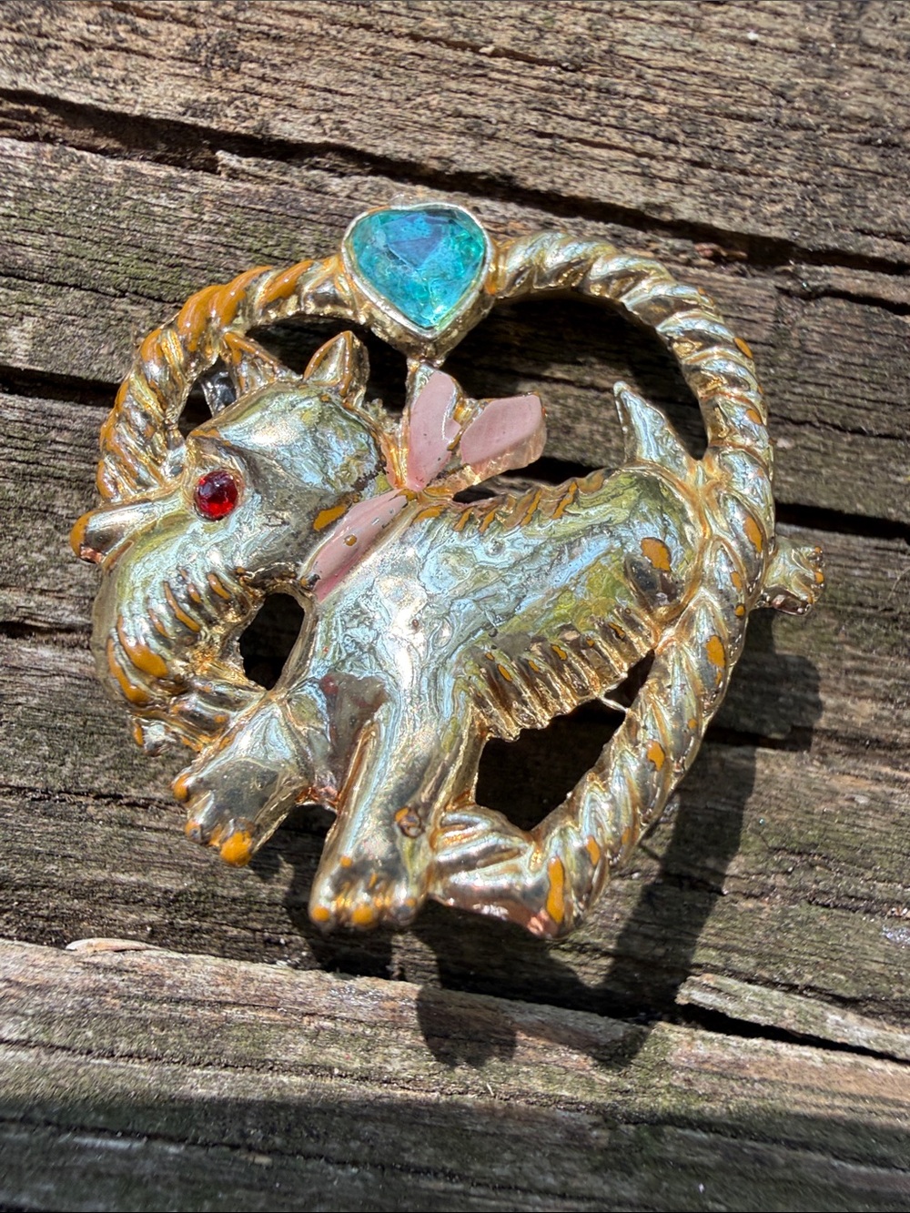 Vintage Precious Scotty Dog Heart Brooch with turquoise crystal heart 1” x 1.25”